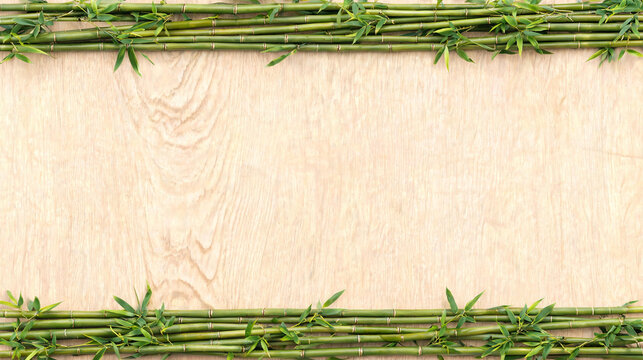 Bamboo stalks frame on wood texture copy space for text natural zen border organic wooden surface plant spa concept.