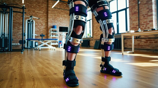 Person wears futuristic robotic exoskeleton for leg rehabilitation. Device helps patient walk, improves mobility. Modern rehab gym with exercise equipment visible in background. Technology aids
