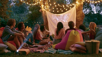 Fototapeta premium Friends enjoying an outdoor movie night under string lights
