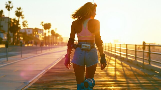 Woman on rollerblades at sunset with headphones and cassette tape