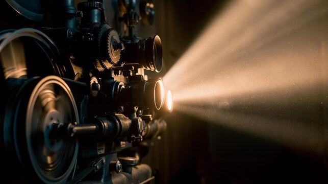 Vintage film projector casting a beam of light into a dusty room