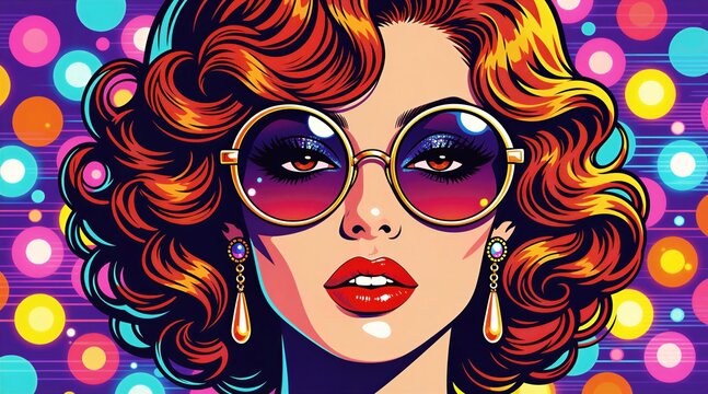 Glamorous retro diva portrait with large round sunglasses, vibrant curly hair. Festive, colorful polka dot background with bright lights, sparkles. Woman with striking makeup, red lips looks forward.