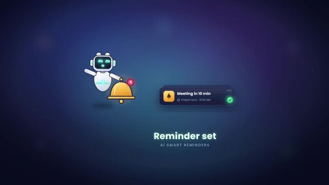 AI robot assistant setting smart reminder with notification bell and meeting alert on dark backdrop