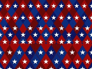 Fototapeta premium Seamless pattern with red and blue diamonds and white stars, patriotic american style background