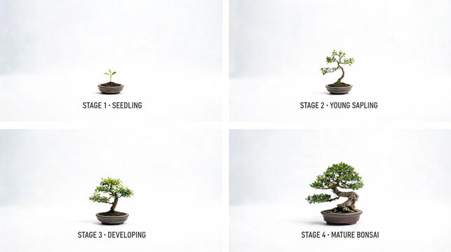 Tree growth stages infographic, evolution of small potted plant from seedling to mature bonsai, gardening concept, tree life cycle, plant care, mini tree, houseplant, botany progress sequence.