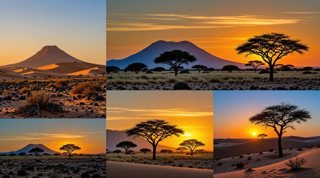 African landscape collage vibrant sunset hues. Desert dunes meet mountains under dramatic skies. Lone trees silhouette against golden light, creating scenic views. Nature beauty shines in arid