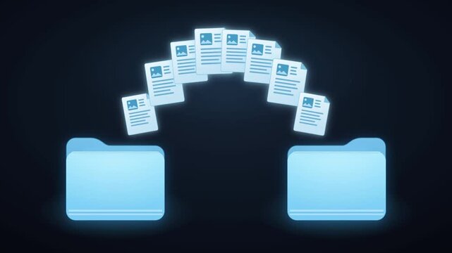 Documents transferring in arc between two glowing blue folders showing data transfer animation loop