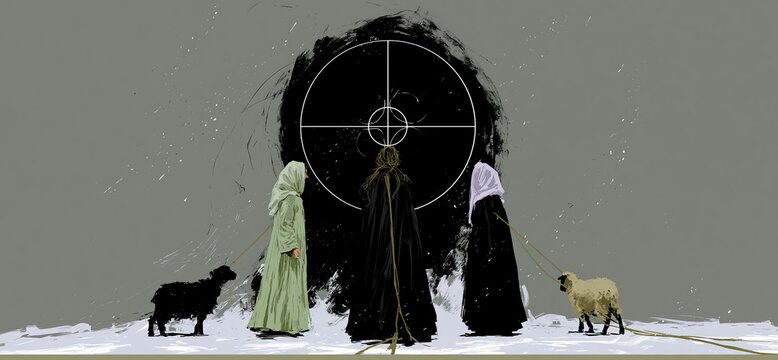 the two cloaked figures approach the mark with their animals; symbolic strange imagery