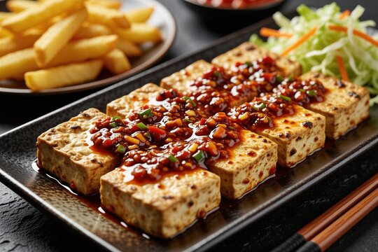 Rectangular fried tofu cubes topped with chili garlic sauce sit on a dark plate. Sliced cabbage and carrots garnish the dish. French fries and dipping sauce are visible in background.