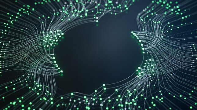 A sophisticated visualization of digital infrastructure. Glowing green light paths and binary data numbers flow through the complex electronic networks and symbolizing artificial intelligence