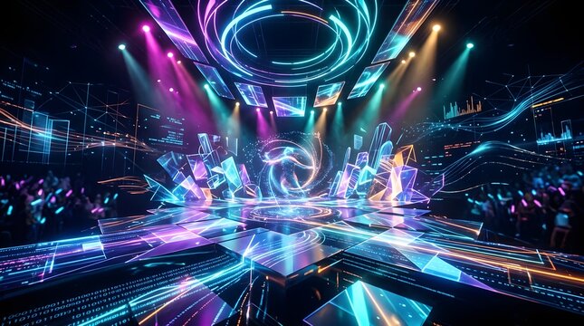 Futuristic stage with digital graphics and crowd at concert or event