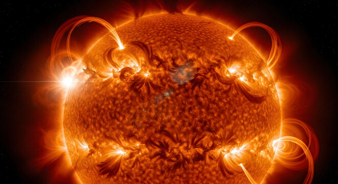 Fiery sun with solar flares and coronal loops in outer space. Detailed astronomical view of active star surface