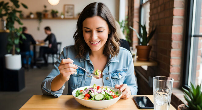 Young woman eating fresh healthy salad in a cafe. Smiling female customer enjoying vegetarian meal at a restaurant table
