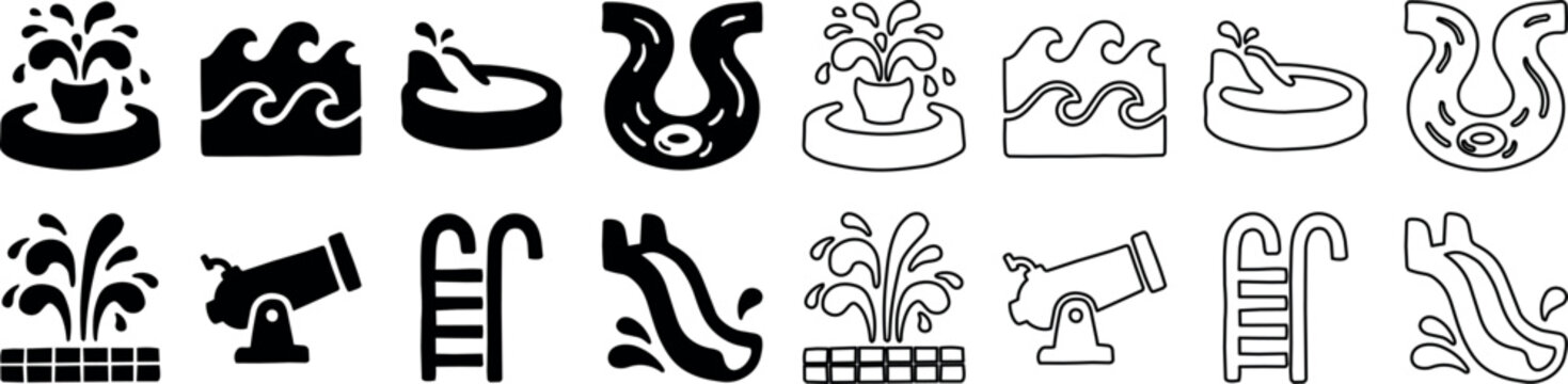 Fountain, water wave, hot tub, horseshoe magnet, cannon, pool ladder, and waterslide icons in black and outline styles