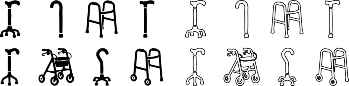 Set of medical walking aids including canes, walkers, and rollators in black and white line style
