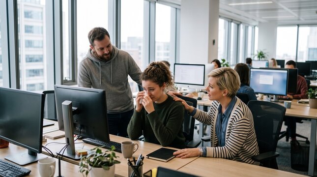 Colleagues comfort upset woman in modern office during difficult work situation