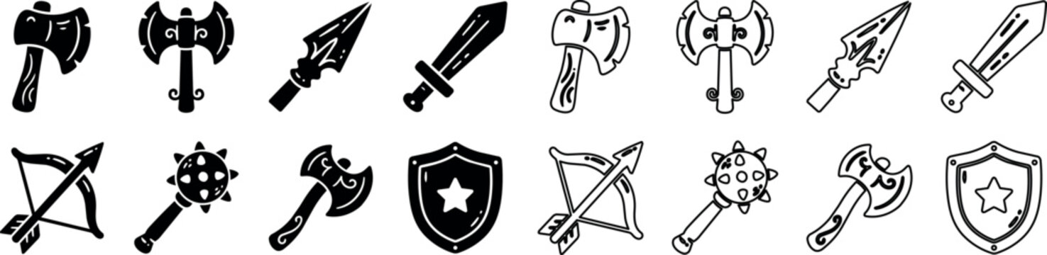 Medieval weapons and shield icons with axe, spear, bow, and mace in black and outline styles
