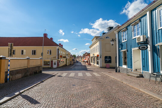 Traditional swedish architecture on Storgatan road in Vimmerby. One of the oldest roads in the city 