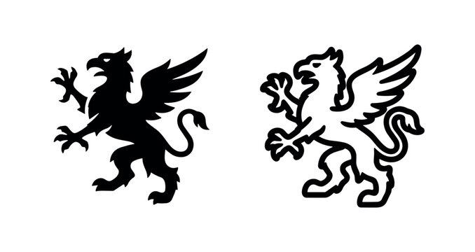 Griffin mythical creature icon in glyph and outline style, symbolizing fantasy, heraldry, power, and strength.