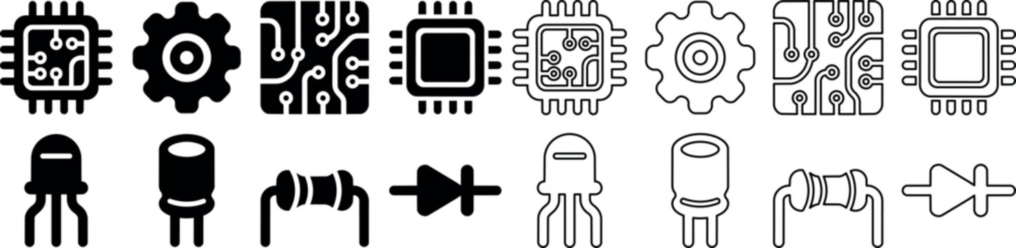 Set of electronic circuit components icons including microchips, capacitors, resistors, and diodes