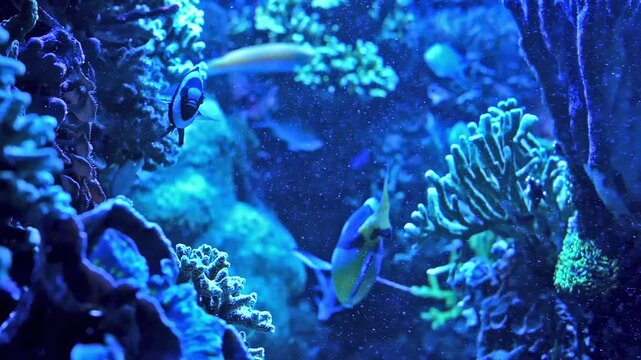 Paracanthurus hepatus Dori fish and other tropical aquarium fishes swimming in blue-lit aquarium with corals. Slow motion underwater footage video