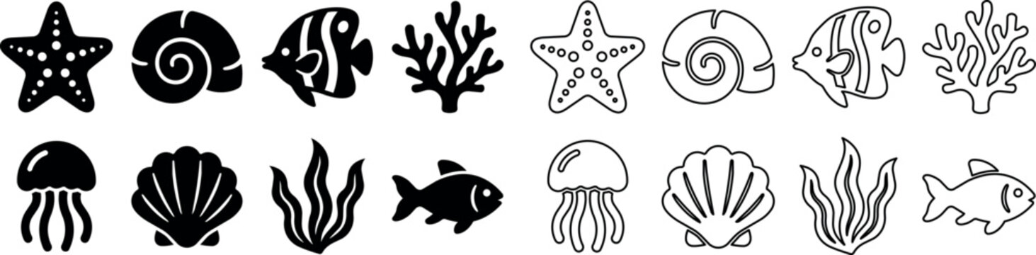 Sea life icons set featuring starfish, shell, fish, coral, jellyfish, and seaweed in silhouette and outline styles
