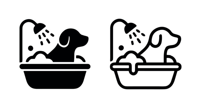 Dog bathing in a tub icon. Pet grooming and hygiene symbol, showing a canine getting clean with bubbles.
