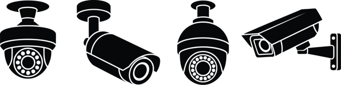 Security camera vector illustration set, generic black silhouette CCTV surveillance and monitoring device icons.