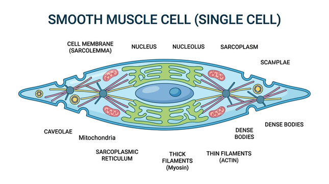Detailed illustration of a smooth muscle cell with labeled components including nucleus, mitochondria, and cell membrane on a white background.