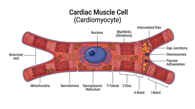 Detailed illustration of a cardiac muscle cell, also known as a cardiomyocyte, with labeled components on a clean white background.