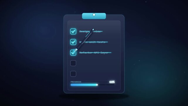 Software development checklist completing coding tasks like testing and deployment with progress bar