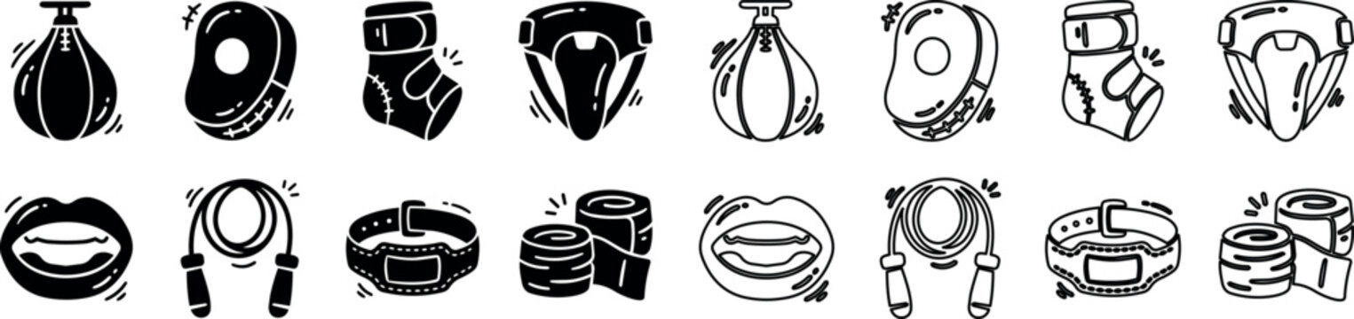 Boxing training equipment set with punching bag, gloves, wraps, mouthguard, jump rope and belt icons