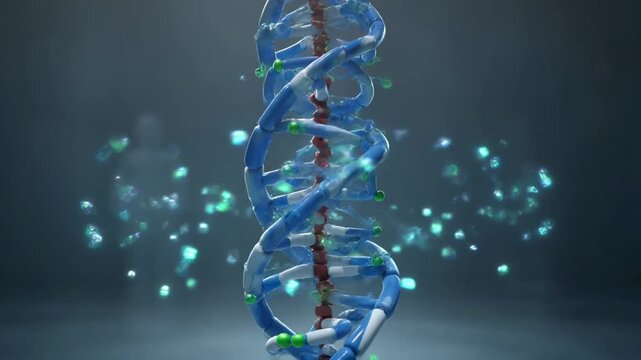 Scientific visualization of rotating blue and white DNA molecule structure