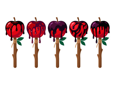 vector Five spooky Halloween candy apples with dark chocolate drizzle and rustic wooden sticks adorned with green leaves