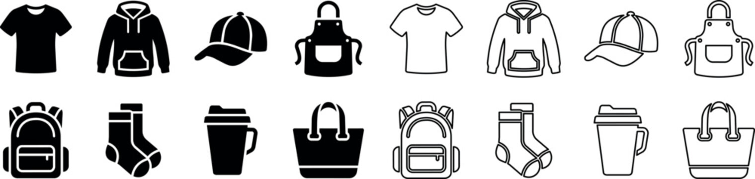 Clothing and accessory icons set including t-shirt hoodie cap apron backpack socks cup bag
