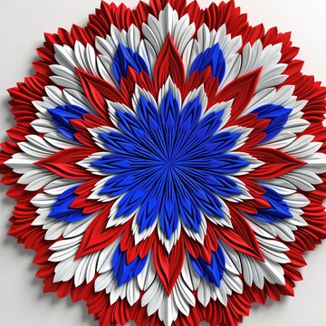 Symmetrical red white and blue mandala pattern. Floral intricate design with layered petals. Festive circular artwork for patriotic or cultural themes.