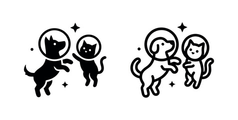Cute dog and cat astronauts floating in space with stars icon set. © liubomir118809