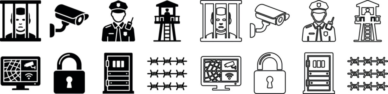 Prison and security icon set with prisoner, surveillance camera, officer, watchtower, monitoring screen, lock, jail cell door, and barbed wire
