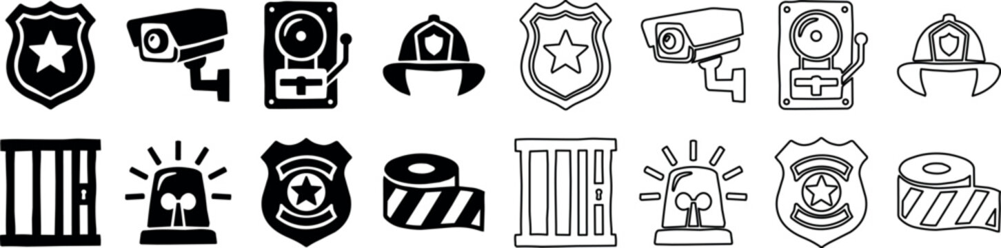 Set of black and white law enforcement icons including badge, security camera, fireman helmet, jail cell, siren, and caution tape