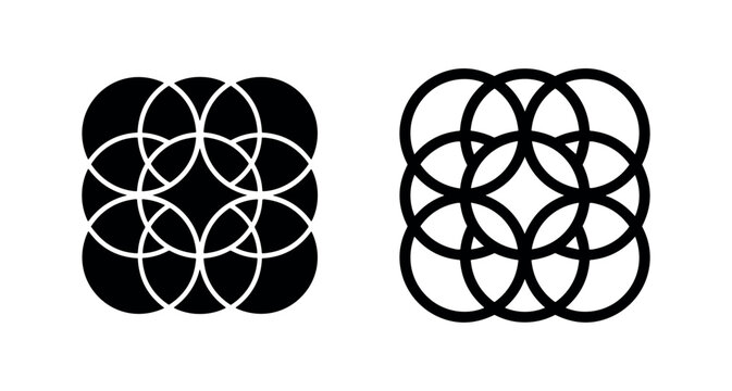 Geometric pattern of interlocking or overlapping circles icon set.