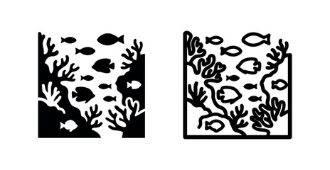 Fototapeta premium Underwater Coral Reef with Fish Icon Set - Marine Life and Ocean Ecosystem