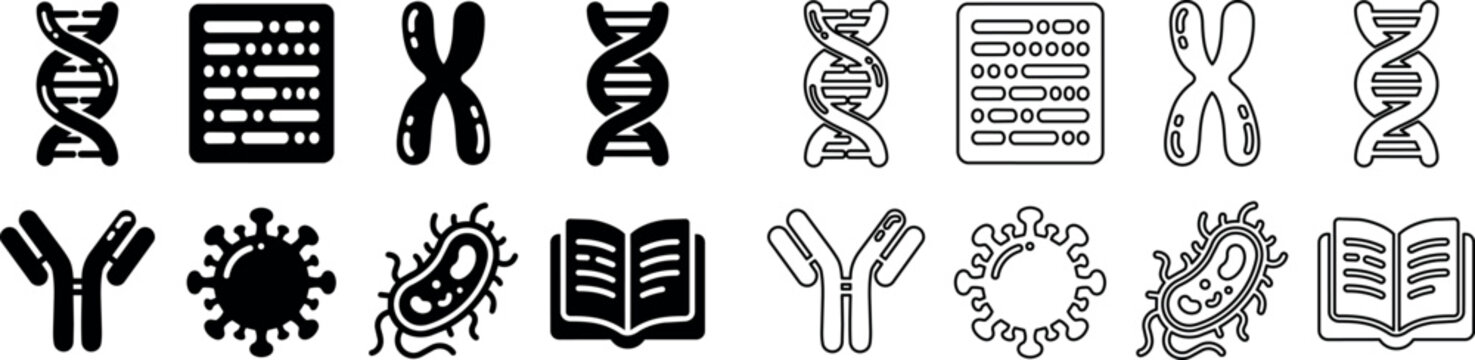 Set of scientific icons representing DNA helix, genetic code, chromosome, antibody, virus, bacterium, and open book