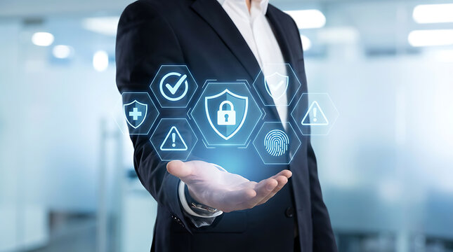 Businessman holding digital security icons on futuristic screen