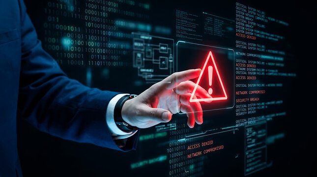 Businessman touching virtual warning sign on screen with code background  system failure alert