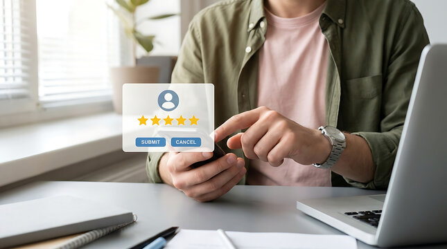man giving rating on smartphone at desk with laptop and notebook