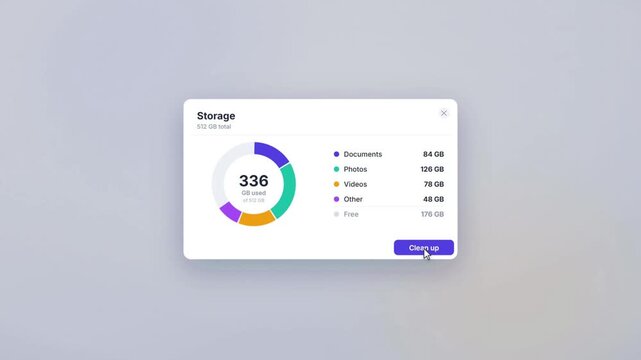 Storage manager donut chart filling to show disk usage breakdown then freeing cache on interface