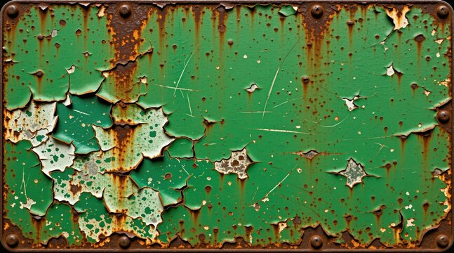 Close-up of distressed green painted metal surface with peeling paint. Visible rust, corrosion, and scratches show aged texture. Rivets secure weathered panel edges.