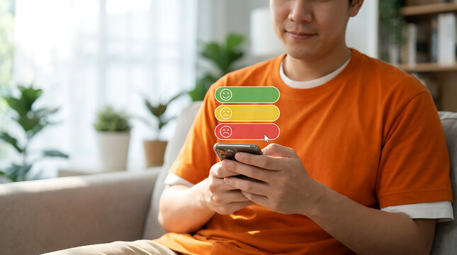 man sitting on couch holding smartphone with rating icons floating above