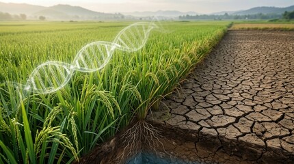 Fototapeta premium Wide rice paddy at the edge of a dry field, green panicles beside cracked soil, with a transparent DNA helix overlay, water droplets on leaves, and a split-scene view showing deeper roots and fuller