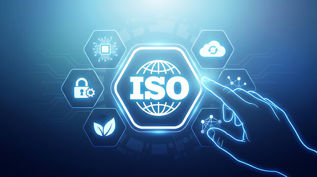 Modern digital illustration showing ISO standards with global technology icons